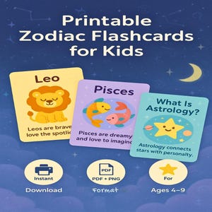 Printable Zodiac Flashcards for Kids – 18 Fun Astrology Cards with Cute Illustrations – Learn Sun Signs, Elements & Personality Traits