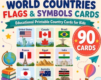 90 World Countries Cards Printable PDF for Kids Flags and Symbols Flashcards