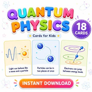 Op de afbeelding: Een set van 18 educatieve kaarten getiteld Quantum Physics Cards for Kids. De kaarten bevatten kleurrijke illustraties van lichtgolven, deeltjes en elektronenenergieniveaus met tekst. Een oranje knop onderaan vermeldt Instant Download.