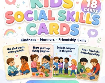 Kids Social Skills Cards, Manners Flashcards, Kindness Activities, Friendship Learning for Children