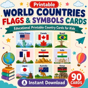 90 tarjetas imprimibles en PDF de países del mundo para niños: banderas y símbolos.