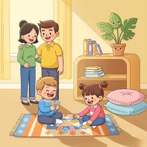 May include: Illustration of a family in a living room. A couple stands behind two children playing cards on a rug. A shelf holds books and a potted plant. Two pillows are stacked on the floor.