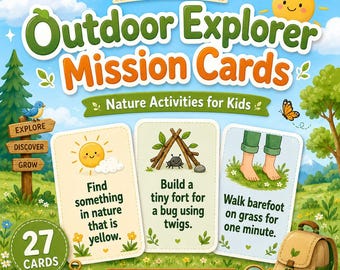 Outdoor Explorer Mission Cards for Kids, Nature Scavenger Hunt, Printable Activity PDF for Homeschool
