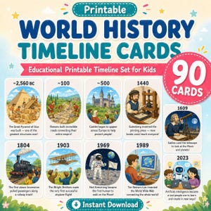 May include: A colorful printable educational set of 90 World History Timeline Cards for kids. The cards feature illustrations and dates from 2,560 BC to 2023, covering events like the Great Pyramid, the invention of the printing press, and the World Wide Web.