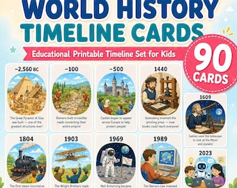 90 World History Timeline Cards Printable PDF for Kids Chronological Events Homeschool Classroom Set