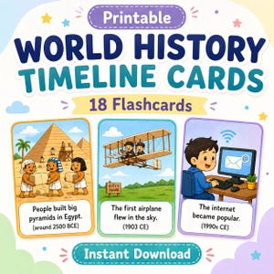 May include: Printable World History Timeline Cards with 18 flashcards. The cards feature illustrations of historical events, including the building of pyramids, the first airplane flight, and the internet's rise. The text says "Instant Download".