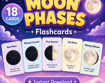 Moon Phases Flashcards Kids, Printable Astronomy Activity, Lunar Cycle Learning Cards, Homeschool Science Fun