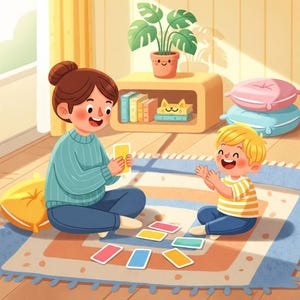 May include: Illustration of a woman and a child playing a card game on a rug. The woman wears a blue sweater and the child wears a yellow and white striped shirt. Colorful cards are spread out on the rug. A shelf with books and a potted plant are in the background.