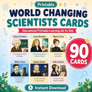 Può includere: Un colorato set educativo stampabile di 90 carte di Scienziati che hanno cambiato il mondo per bambini. Le carte presentano illustrazioni di scienziati famosi come Albert Einstein, Isaac Newton e Marie Curie, con brevi descrizioni dei loro risultati. Download immediato.