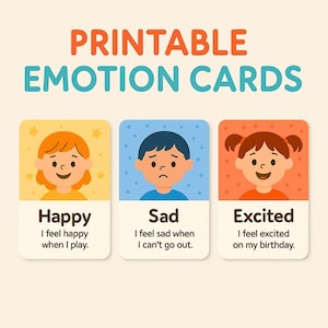 Tarjetas de emociones imprimibles para niños / 18 tarjetas para identificar sentimientos / Archivos PDF, JPG y PNG / 2 hojas A4 / Descarga instantánea