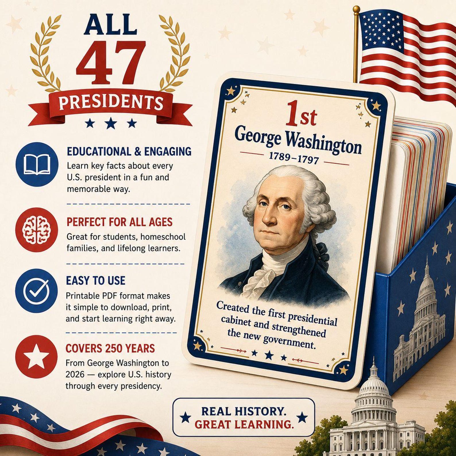 47 U.S. Presidents Flashcards for Kids, American History Printable ...