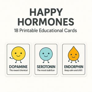 Happy Hormones-kaarten voor kinderen - 18 afdrukbare educatieve pdf's, leuke wetenschappelijke activiteit voor thuis en in de klas