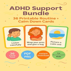 Pacote de suporte para TDAH para crianças, conjunto de cartões visuais de calma e rotina para impressão, 36 PDF, png, ferramentas para crianças neurodivergentes