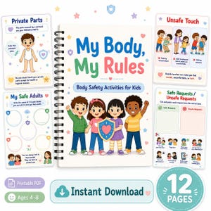 Puede incluir: Un libro de actividades para niños titulado "My Body, My Rules" con ilustraciones y texto sobre seguridad corporal. Incluye páginas sobre partes privadas, adultos seguros y tacto seguro/inseguro. Con "PDF imprimible" y "Descarga instantánea".