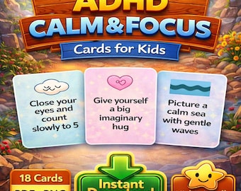 Tarjetas de calma y relajación para niños con TDAH / Actividades de atención plena / Regulación emocional (PDF + PNG imprimible)