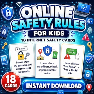 May include: A set of 18 Online Safety Rules for Kids internet safety cards featuring blue and white text, digital icons like locks and shields, and three sample cards with text about password, address, and link safety, all on a blue background.