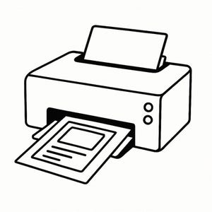 May include: Line drawing of a printer with a sheet of paper coming out of the output tray and another sheet of paper in the input tray. The printer is white with black outlines and two black buttons.