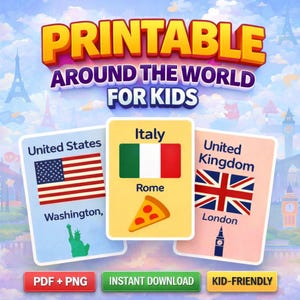 Tarjetas didácticas de la vuelta al mundo: aprendizaje de geografía para niños (PDF)