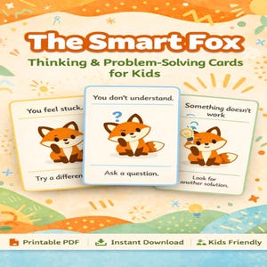 Puede incluir: Tres tarjetas del juego "The Smart Fox" para niños. Cada tarjeta presenta un zorro de dibujos animados y una indicación para la resolución de problemas. Las tarjetas están sobre un fondo colorido con el texto "Thinking & Problem-Solving Cards for Kids."