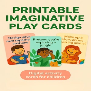 Cartões de atividades de brincadeiras imaginativas para imprimir para crianças – 18 sugestões criativas de dramatização – Jogo de aprendizagem divertido – Download em PDF e PNG