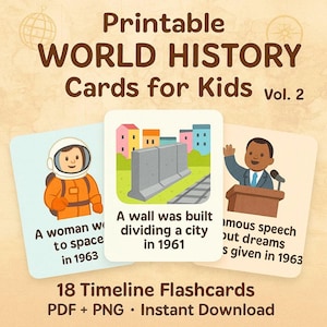 Weltgeschichte Karteikarten für Kinder Vol. 2 - Druckbare Timeline-Karten - PDF PNG - Lernwerkzeug zum sofortigen Download
