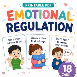 Puede incluir: Un PDF imprimible colorido titulado "REGULACIÓN EMOCIONAL" con tres tarjetas ilustradas. Las tarjetas muestran a niños demostrando estrategias de afrontamiento: tomar un descanso, apretar una almohada y expresar sentimientos. El conjunto incluye 18 tarjetas.