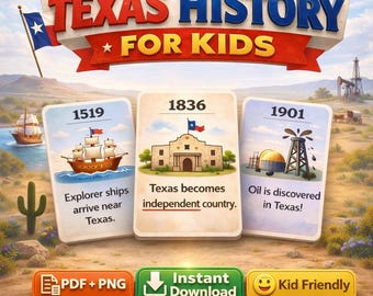 Texas History for Kids Printable Cards | State Timeline | PDF PNG Instant Download