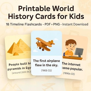 Printable World History Cards for Kids – 18 Timeline Flashcards – Pastel Educational PDF PNG Set – Homeschool & Classroom Decor