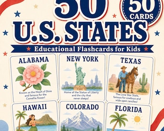 50 U.S. States Flashcards for Kids, USA Geography Printable Cards, Educational Homeschool Learning PDF