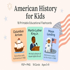 Cartes d'apprentissage à imprimer sur l'histoire des États-Unis pour les enseignants à domicile, décoration de salle de classe, pdf png, 5 ans et 9 ans