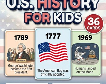 US History for Kids Cards Printable, 36 Educational Flashcards, American History Learning Set