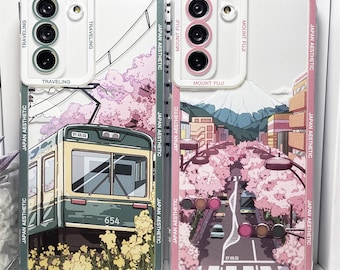 Coque Samsung Galaxy S 24 S23 S22 A73 A72 avec train de fleurs de cerisier du Japon, Anime