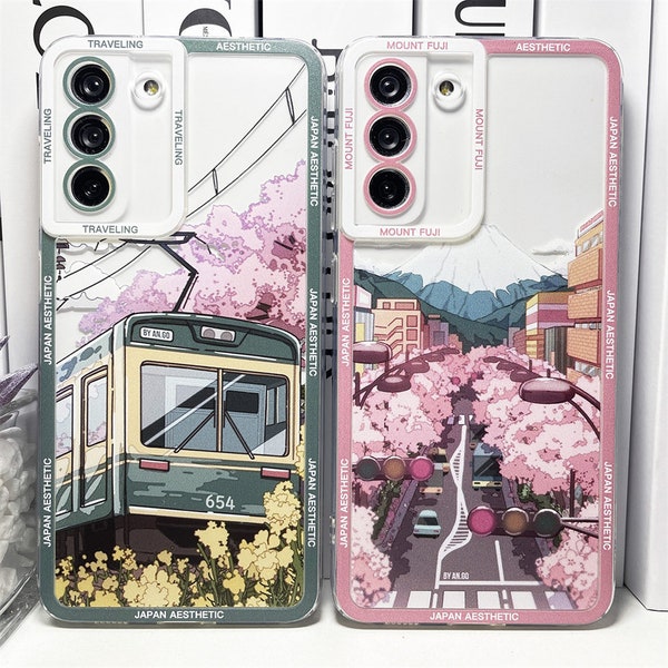 Coque Samsung Galaxy S 24 S23 S22 A73 A72 avec train de fleurs de cerisier du Japon, Anime