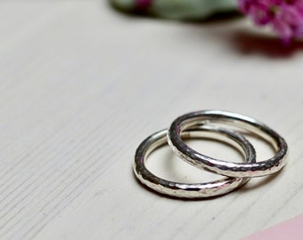 Stacking ring made of sterling silver, forged ring with hammered surface, ring with round wire profile and hammered finish