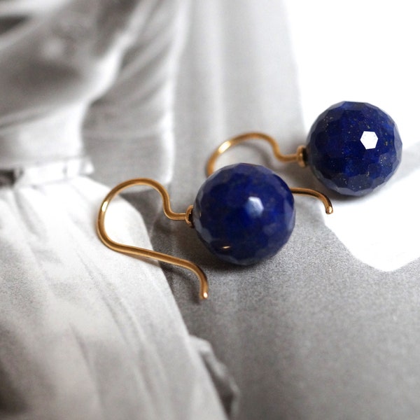 Earrings with faceted lapis lazuli balls and gold ear hooks, timeless classic design, Mother's Day gift