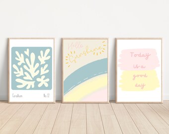 Set of 3 pastel teen and tween prints. Pink, yellow and aqua pastel rainbow wall art. Positive affirmation quotes (prints only)