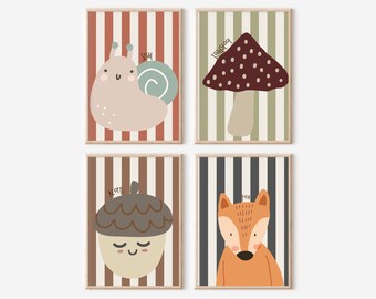 Woodland animal and autumn prints for a nursery, playroom or bedroom. prints. Stripey snail, acorn, toadstool and fox art (prints only)