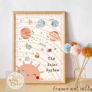 May include: A framed print depicting the solar system with cartoon planets and the sun on a pink background. The text "The Solar System" is visible. Decorative pom-poms in a glass jar are in the foreground.