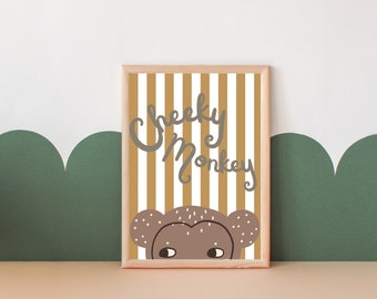 Kids cheeky monkey nursery, bedroom or playroom print. Cute animal print (print only)