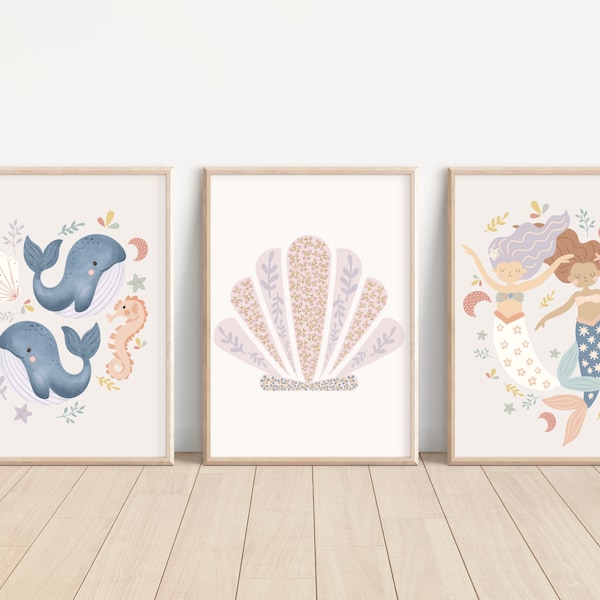 Mermaid, shell and ocean themed prints for a nursery, little girls room or playroom. (Prints only).