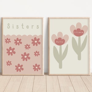 Personalised sisters prints. Set of 2 name and flower prints for girls bedroom, nursery or playroom (prints only)