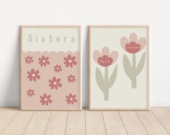 Gepersonaliseerde zustersafdrukken. Set van 2 naam- en bloemenprints voor meisjesslaapkamer, kinderkamer of speelkamer (alleen prints)