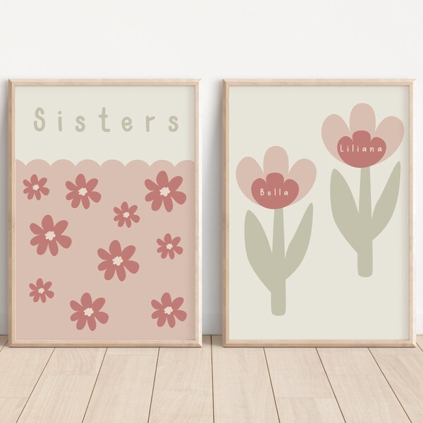 Gepersonaliseerde zustersafdrukken. Set van 2 naam- en bloemenprints voor meisjesslaapkamer, kinderkamer of speelkamer (alleen prints)