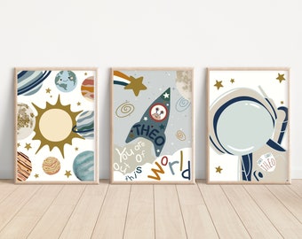 Set of 3 space prints with a personalised rocket and astronaut print. Perfect for a nursery, bedroom or playroom (prints only)