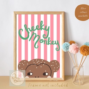 Bright Kids cheeky monkey nursery, bedroom or playroom print. Cute animal print (unframed).