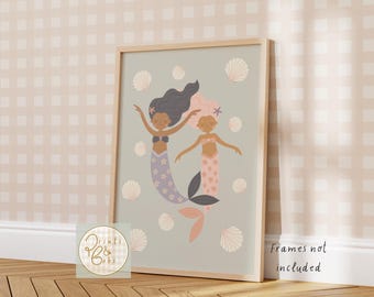Girls mermaid and shell print, toddler ocean wall art, tween decor, under sea nursery accessories, big girl room, mermaid poster