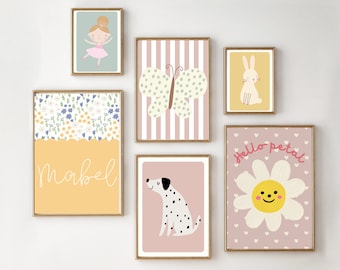 Set of girls room or nursery pastel prints including a personalised name print. Gallery wall prints, printed and shipped (prints only).