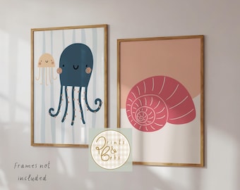 Set of 2 ocean prints, octopus, jellyfish and shell posters, colourful ocean decor, girls ocean nursery, big girl room inspo, toddler sea