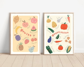 Set van 2 speelkamerafdrukken van fruit en groenten. Educatieve en genderneutrale kindermuurkunst (alleen prints, niet ingelijst)