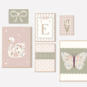 Set of girls pretty pink and sage green gallery wall prints, with a floral and bow theme, for a girls room, playroom or nursery (unframed).